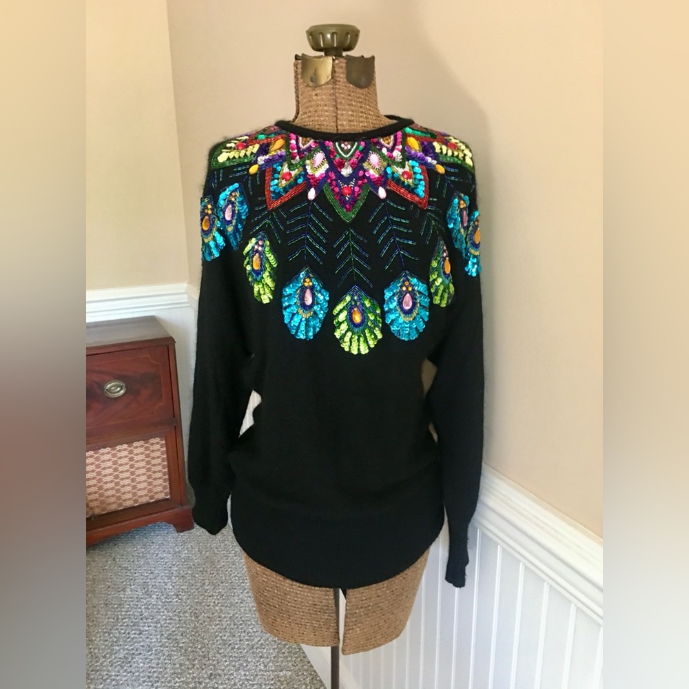 Vintage Sequin & Beaded Cedars Black Knit Dress Sweater Size: M - Picture 2 of 14
